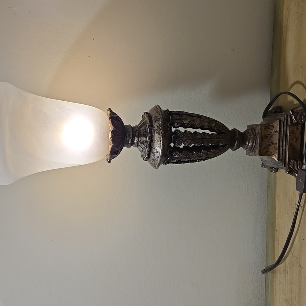 European Elegant Silver Table Lamp with Frosted Marblized Glass Shade